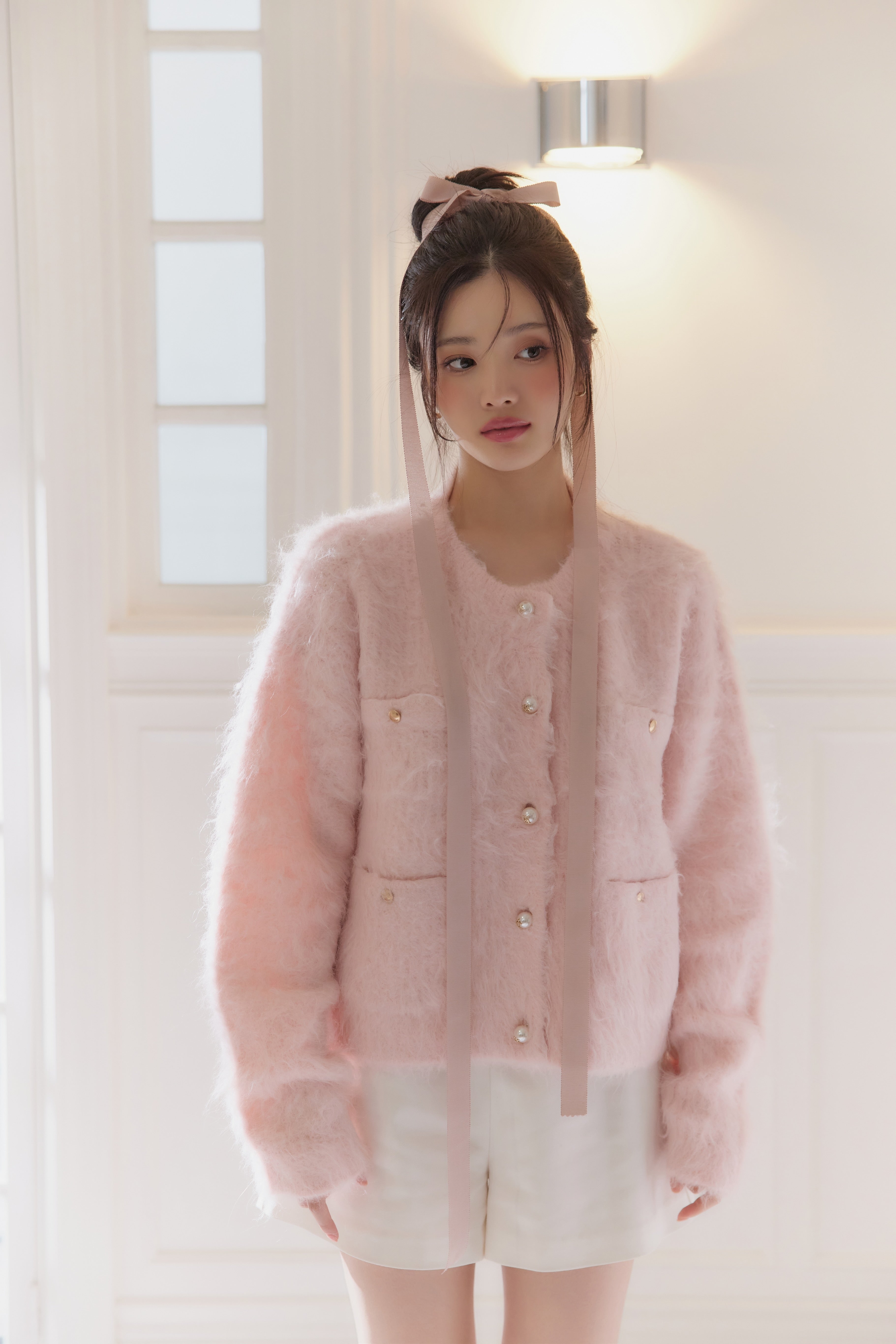 6365【美品】45R コットンアルパカ カーディガン　パールボタン　グレー 6365【美品】45R コットンアルパカ カーディガン パールボタン