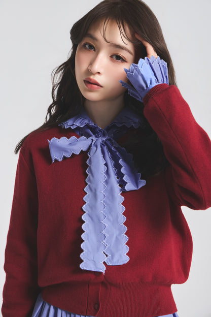モデル身長：161cm 【ブラウス】カラー：blue 【カーディガン】カラー：red