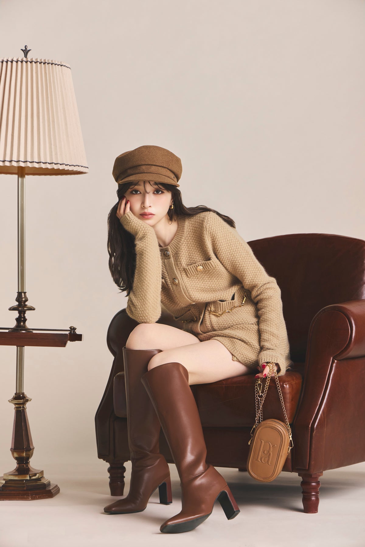 モデル身長：161cm 【トップス】カラー：camel 【ボトムス】カラー：camel 【アクセサリー】カラー：camel