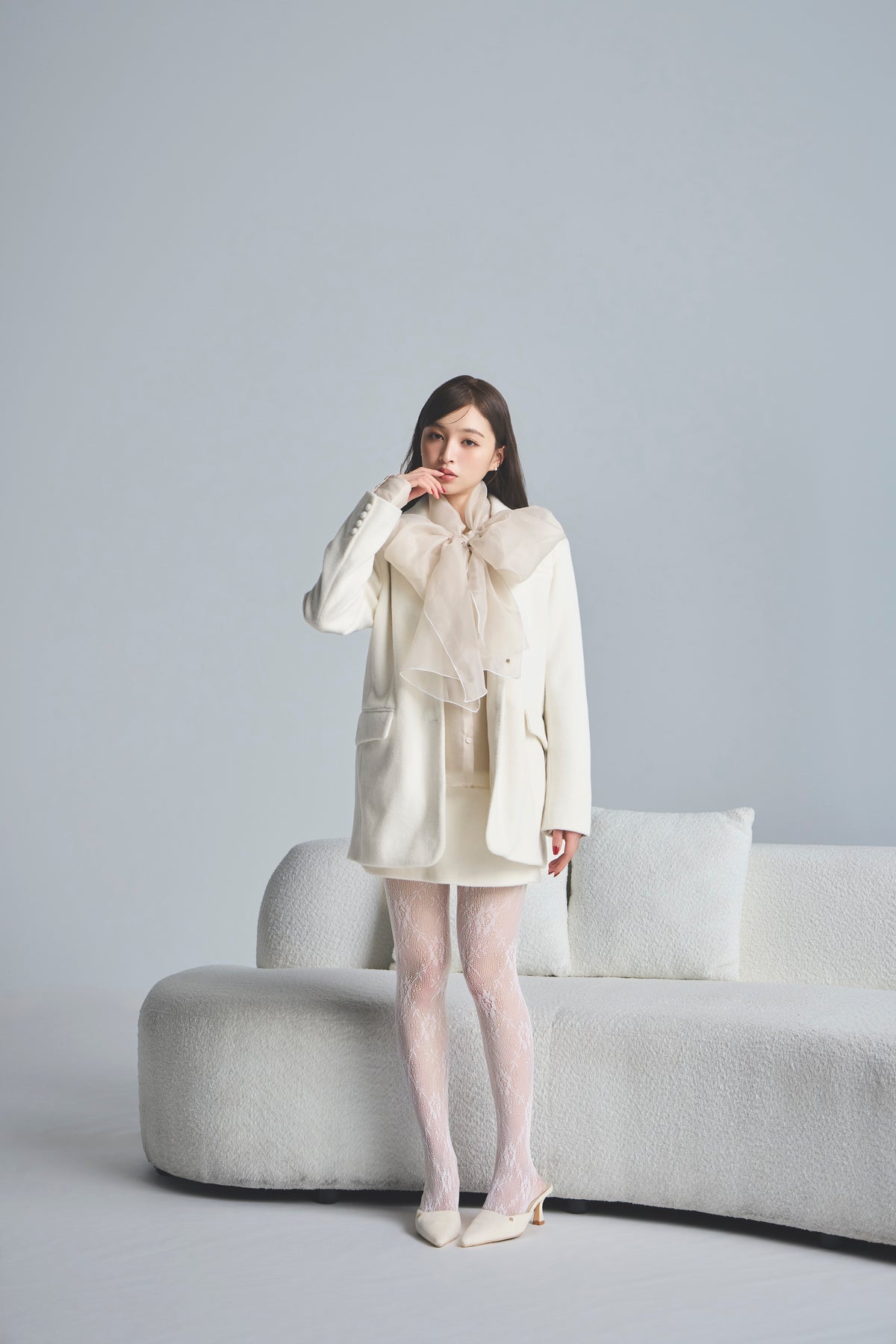 モデル身長：161cm 【アウター】カラー：off white  【トップス】カラー：pink beige 【ボトムス】カラー：off white サイズ：SS