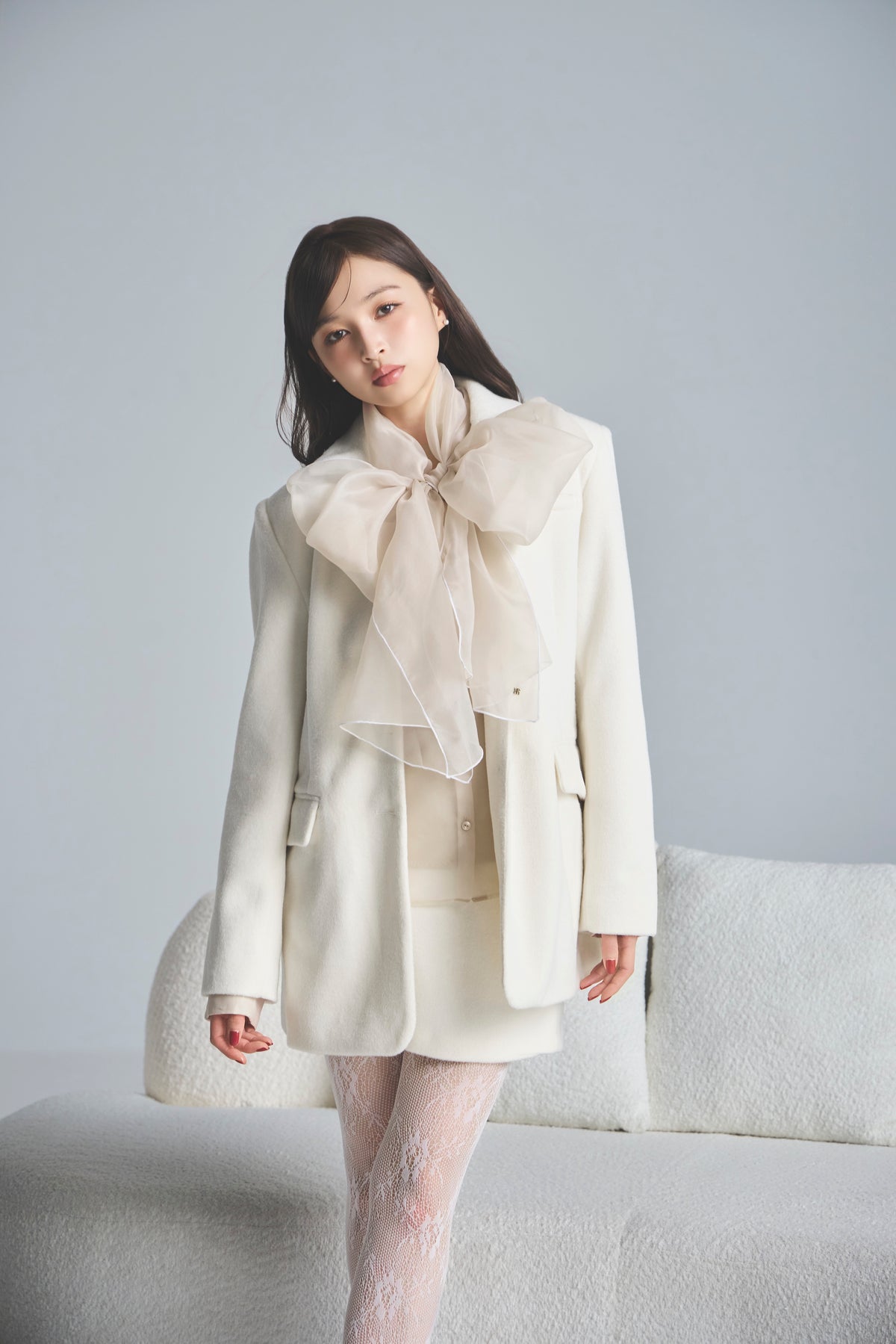モデル身長：161cm 【アウター】カラー：off white  【トップス】カラー：pink beige 【ボトムス】カラー：off white サイズ：SS