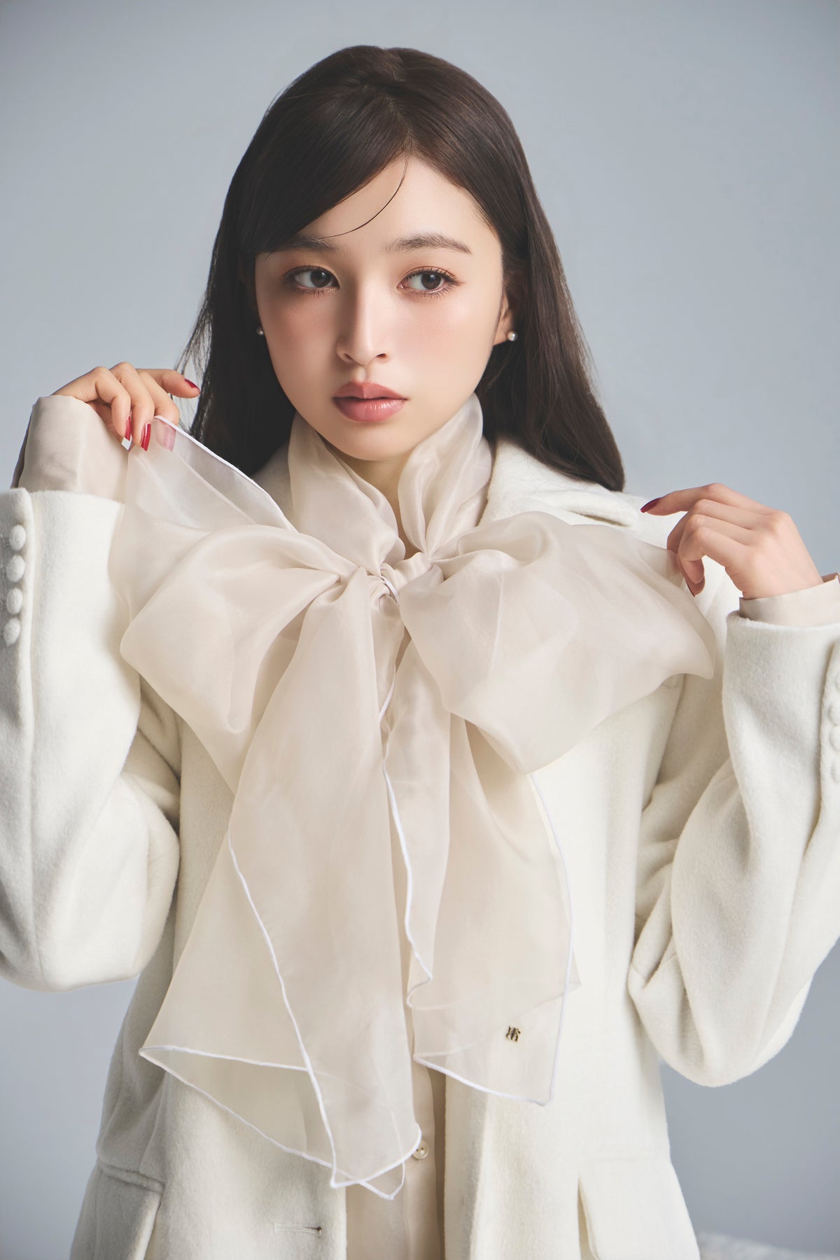 モデル身長：161cm 【アウター】カラー：off white  【トップス】カラー：pink beige