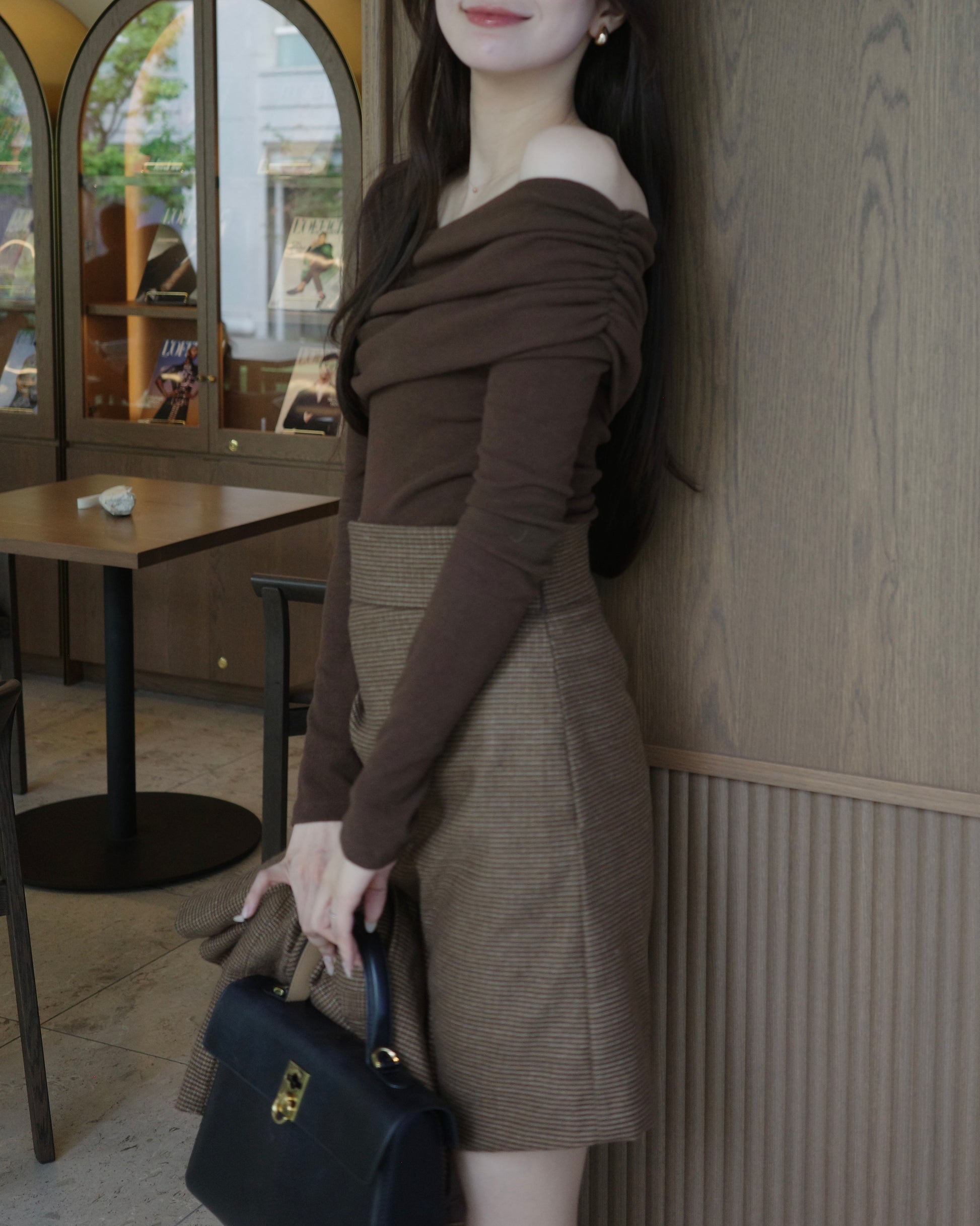 モデル身長：171cm , トップスサイズ：free, トップスカラー：brown , ボトムサイズ：M, ボトムカラー：モードブラウンチェック