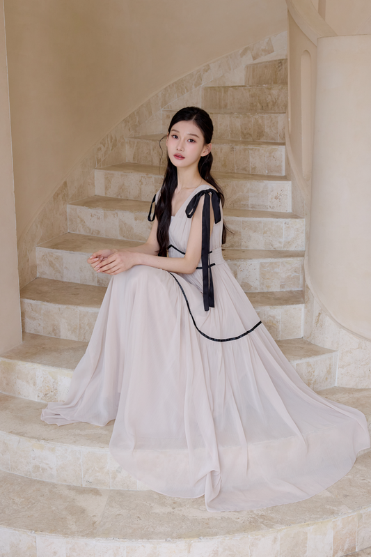 ショルダーリボンシフォンワンピース