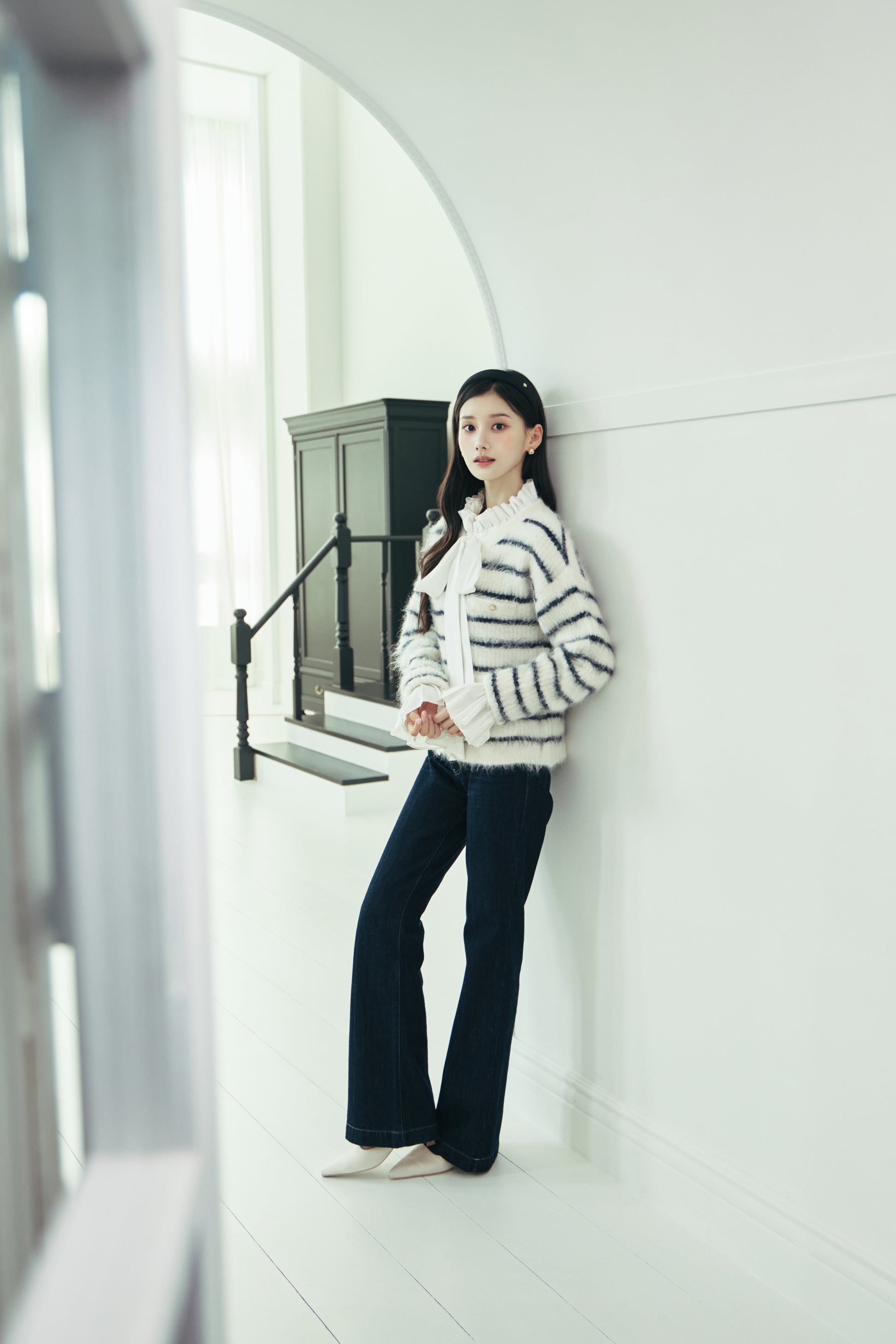 モデル身長：166cm 【トップス】 カラー：off white × navy border