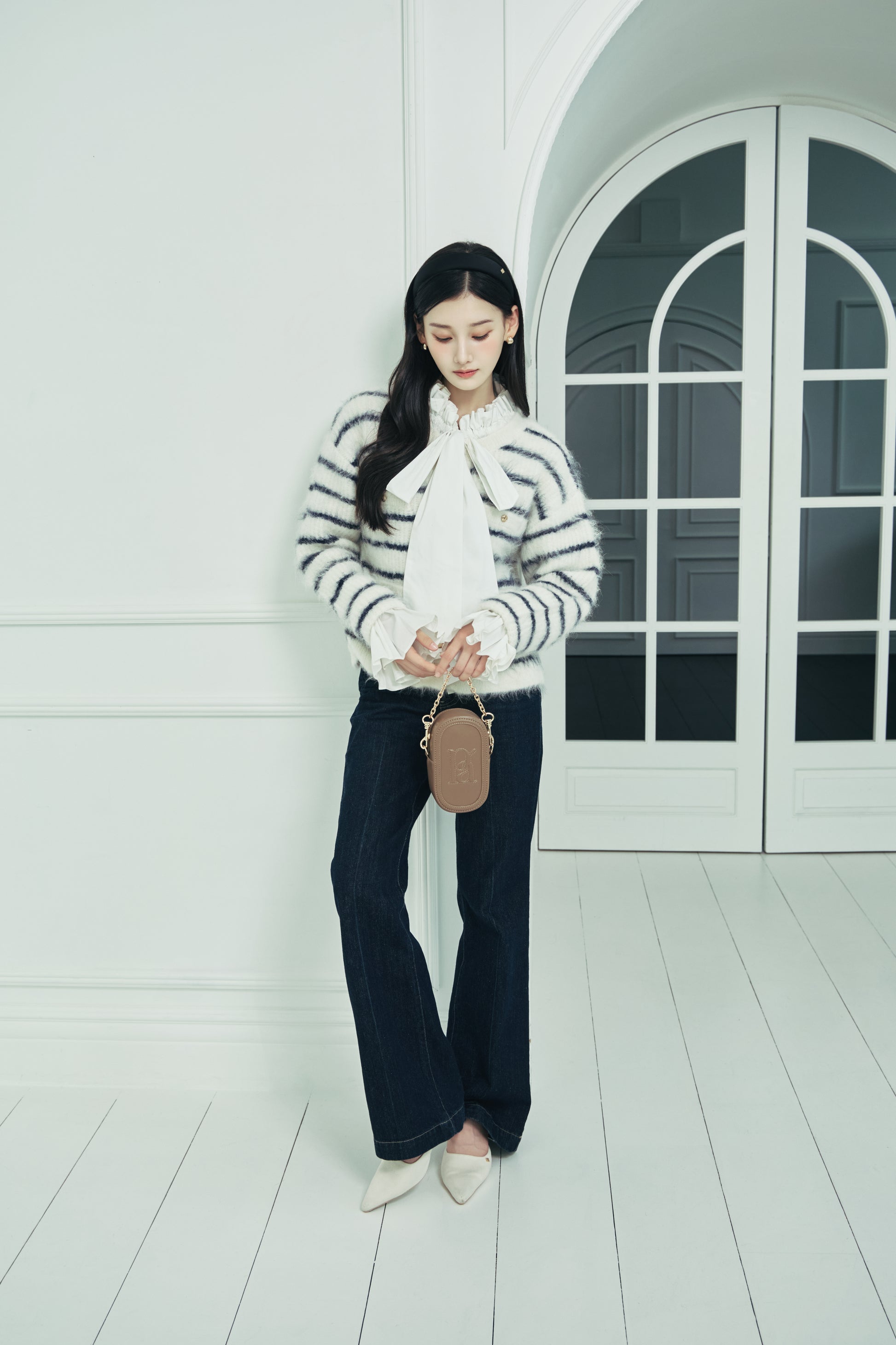 モデル身長：166cm 【トップス】カラー：off white × navy border
