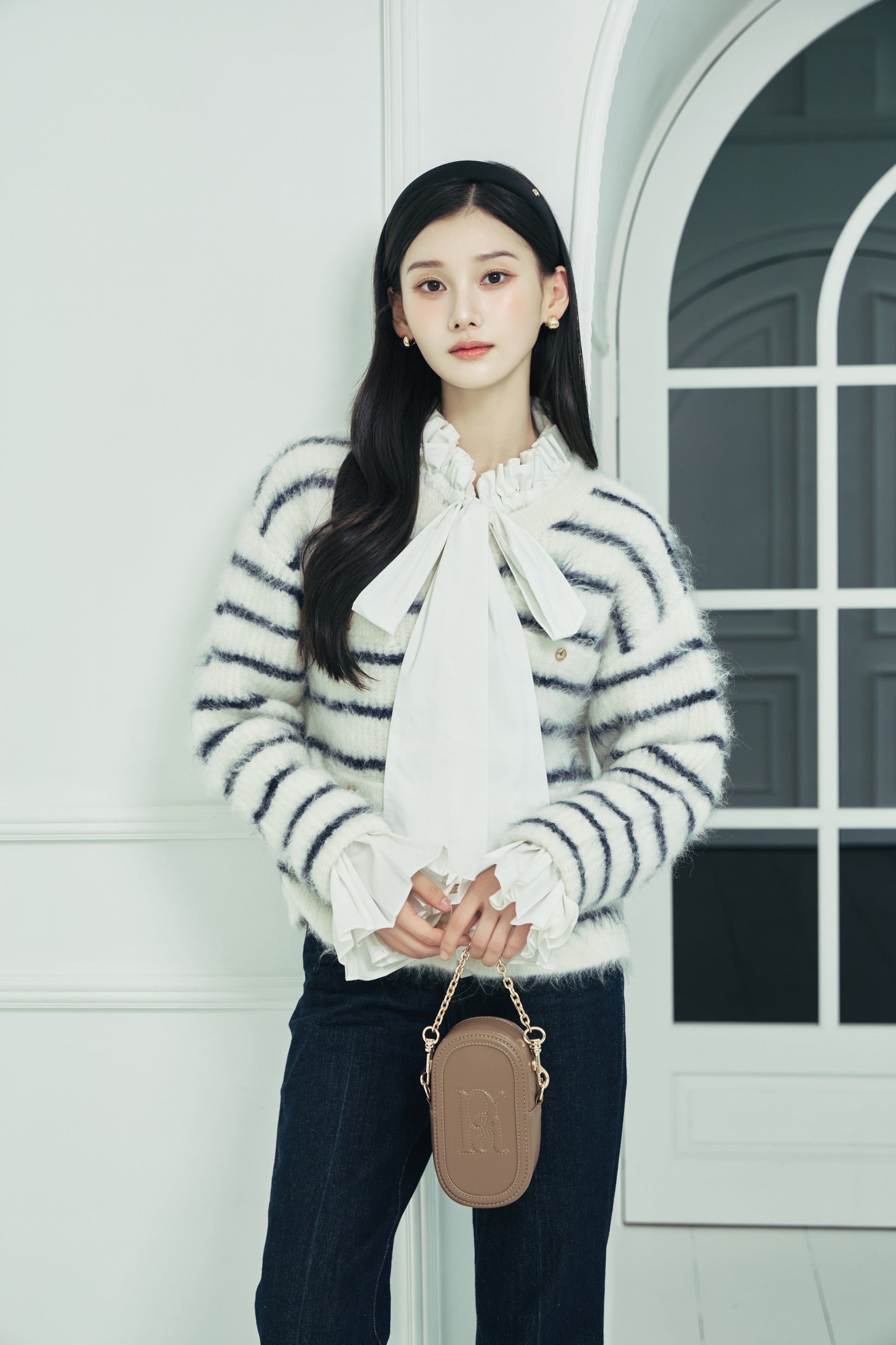 モデル身長：166cm 【トップス】 カラー：off white × navy border