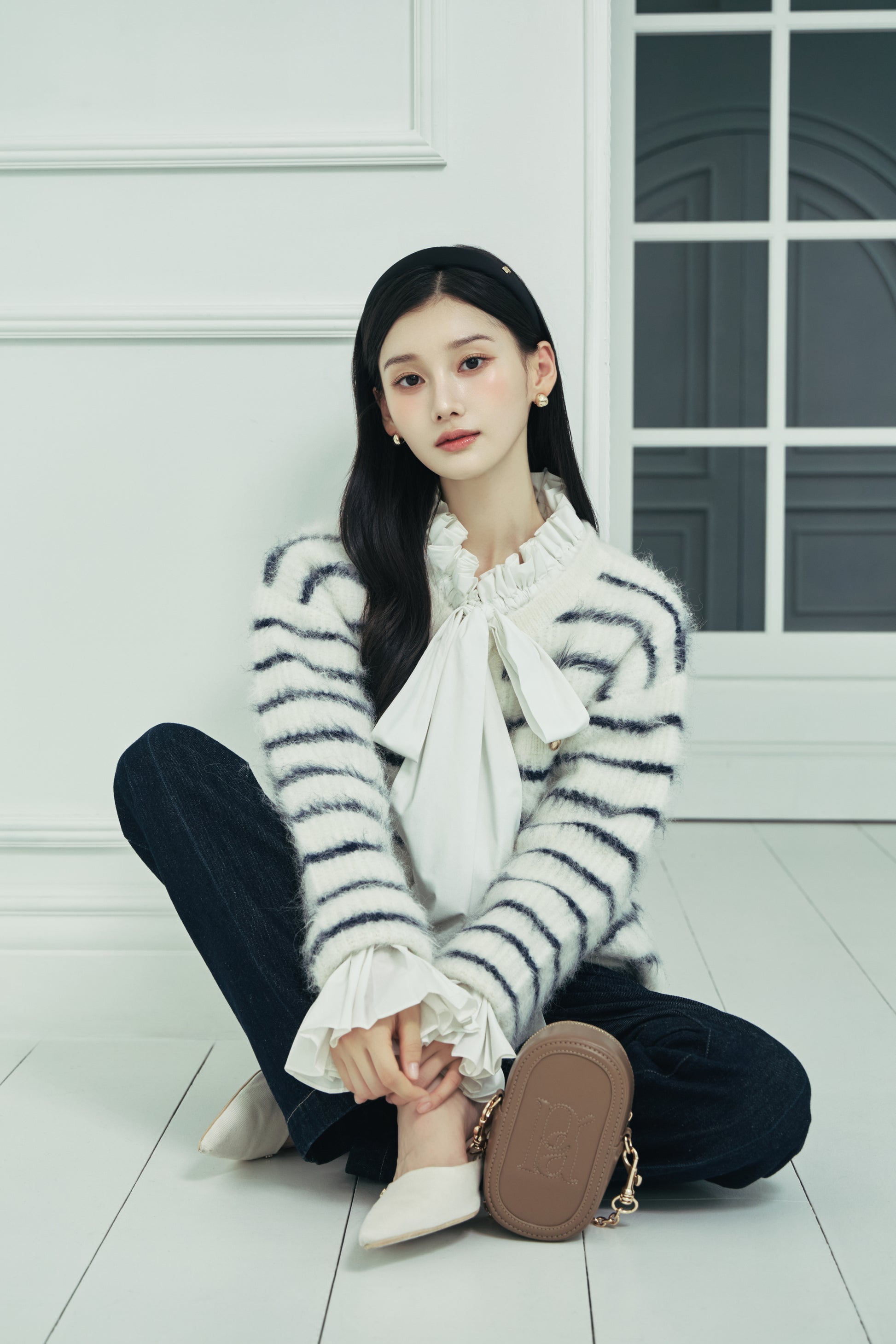 モデル身長：166cm 【トップス】 カラー：off white × navy border