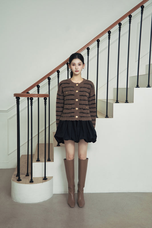 着用モデル：166cm 【トップス】カラー：brown × black border