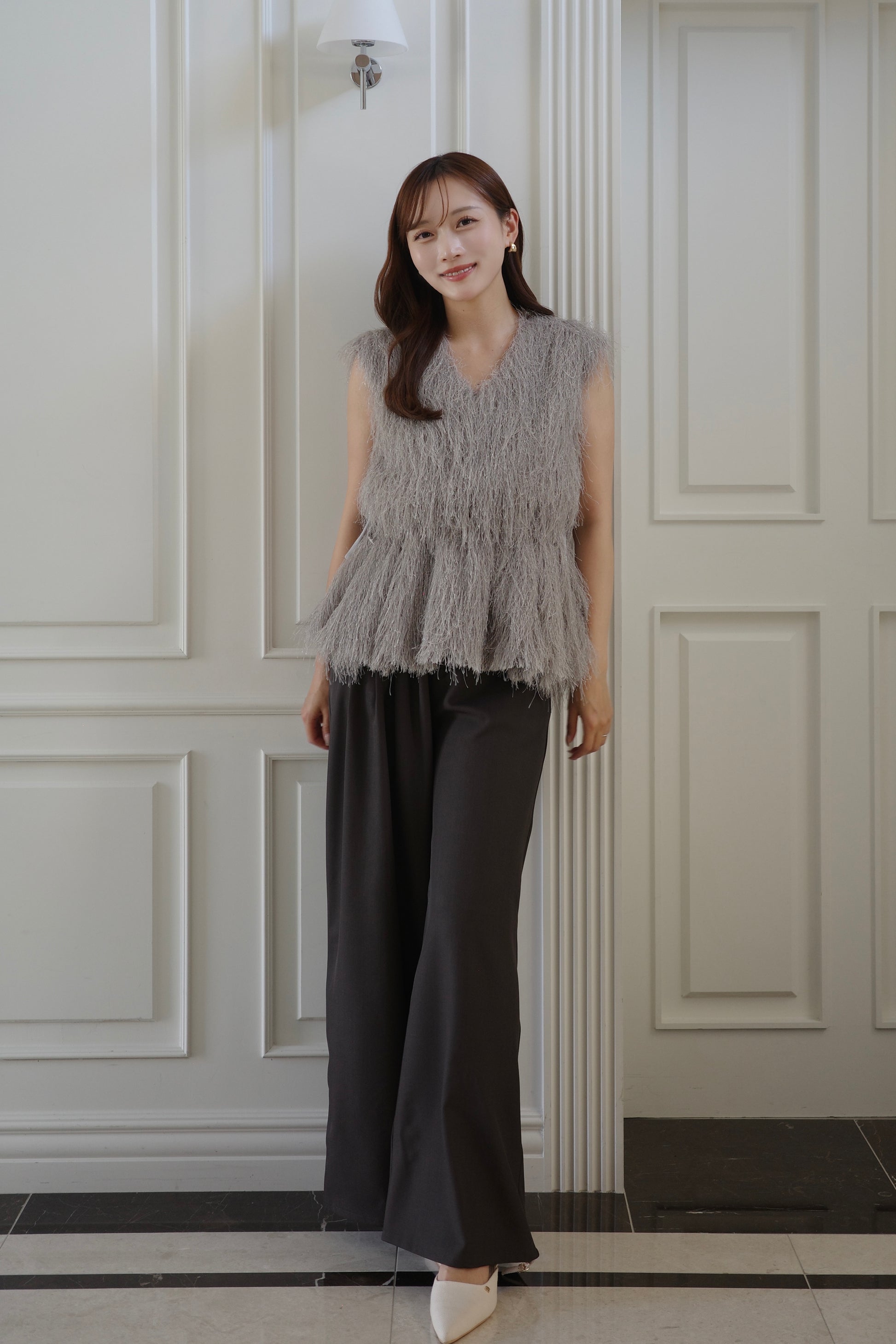 モデル身長：166cm　トップスカラー：grey　ボトムカラー：grey　ボトムサイズ：M