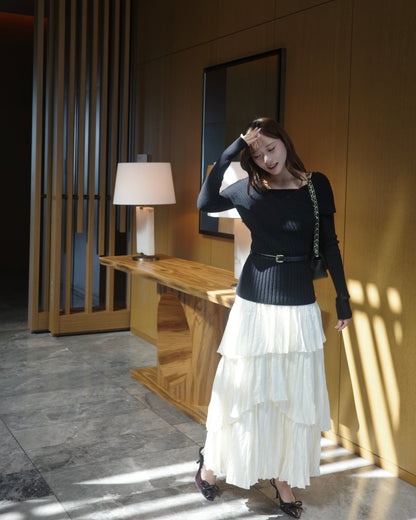 ベルトセットカシュクールオフショルダーニット