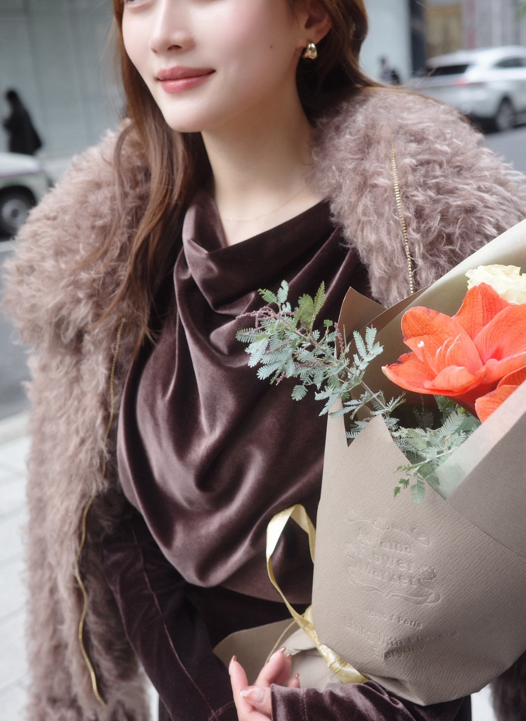 モデル身長：166cm カラー(アウター)：mocha (ワンピース)：brown