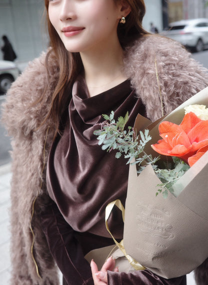 モデル身長：166cm カラー(アウター)：mocha (ワンピース)：brown